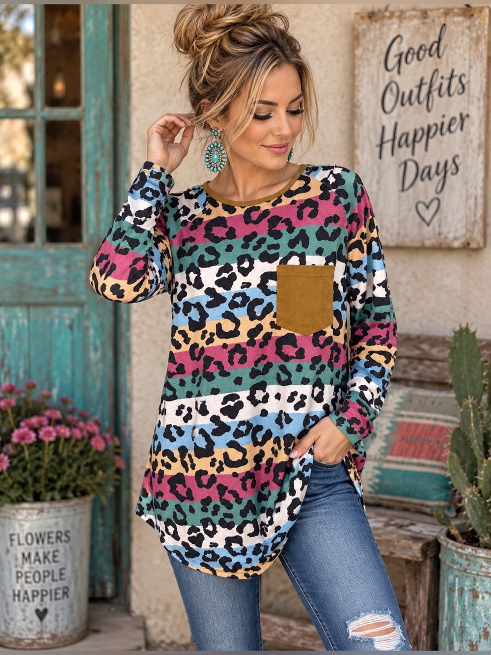 Sunshine & Rodeos XL Multicolor Leopard Print Tunic Top Pocket Boho